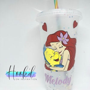 Disney Inspired Little Mermaid Ariel and flounder 24oz Cold cup . Can be personalised with any name. Great gift idea.