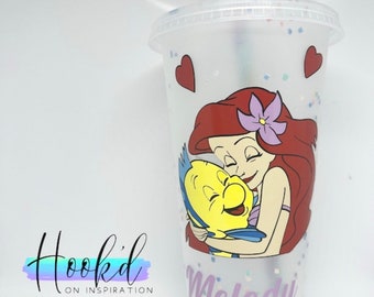 Disney Inspired Little Mermaid Ariel and flounder 24oz Cold cup . Can be personalised with any name. Great gift idea.