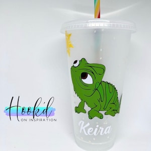 Disney inspired Pascal of Tangled Confetti colour changing cup. Can be personalised. Straw Topper Optional, Great gift idea.