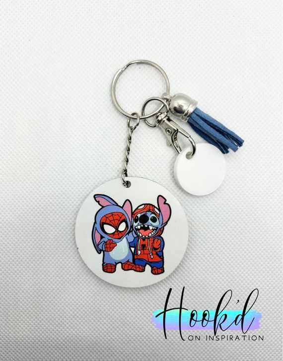 Disney Inspired Stitch with Spider Man Keyring Keychain. BagTag. Great gift idea. Trolley Token Optional