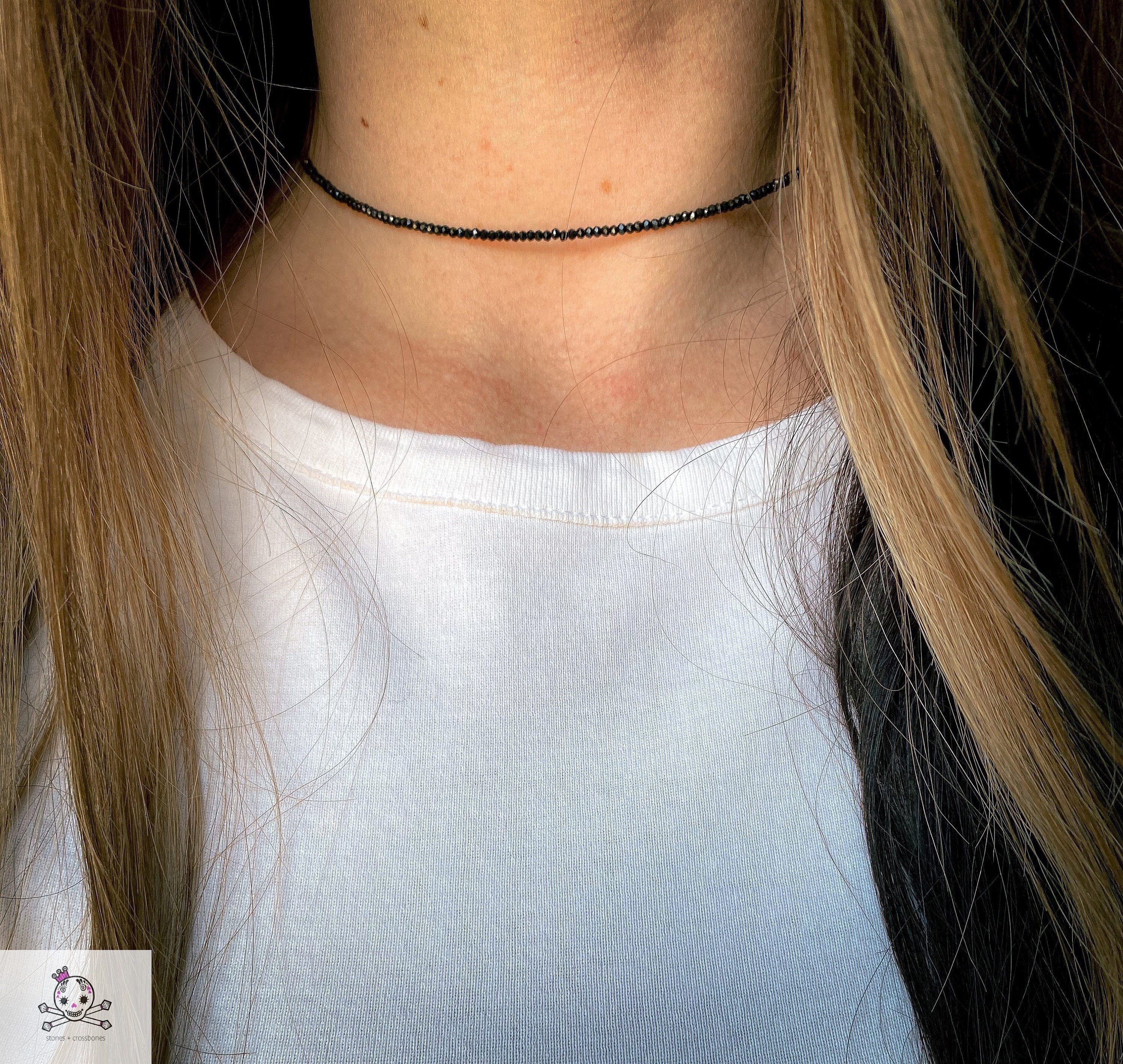 Black Spinel Choker: Dainty Beaded Gemstone Necklace, 90s Style