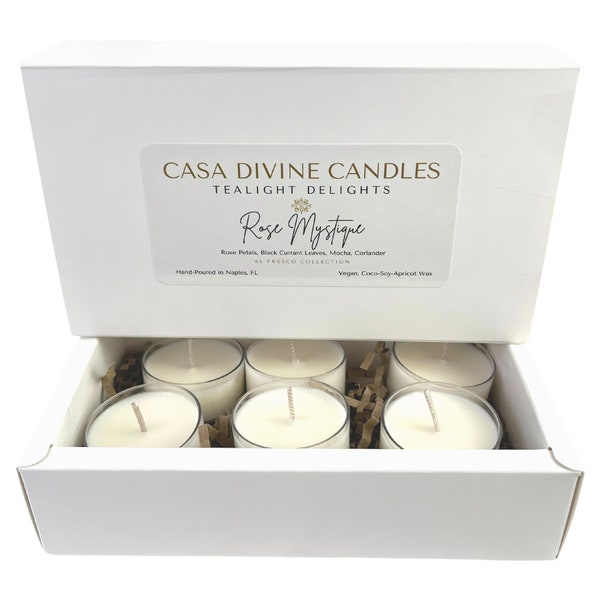 Rose Mystique Tealight Delights | Vegan Coco-Soy-Apricot Wax | 6 Pk | Hand-Poured | Tealight Candles | Warm Rose Scent | Paraffin-Free