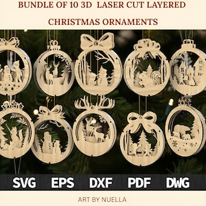 Bundle of 10 3D Christmas Ornaments, Tree Decorations Craft Set, Christmas Gifts, New Year Laser Cut Digital Download