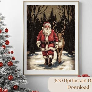 Santa Claus Reindeer Wall Art Print, Forest Snowfall in Winter Printable Christmas Home Decor, Digital Download, Holiday Home Improvement