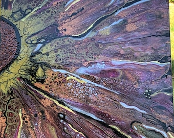 オリジナルの抽象アクリル画、アクリル絵の具で描かれ、金箔で装飾され