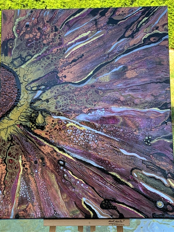 オリジナルの抽象アクリル画、アクリル絵の具で描かれ、金箔で装飾され