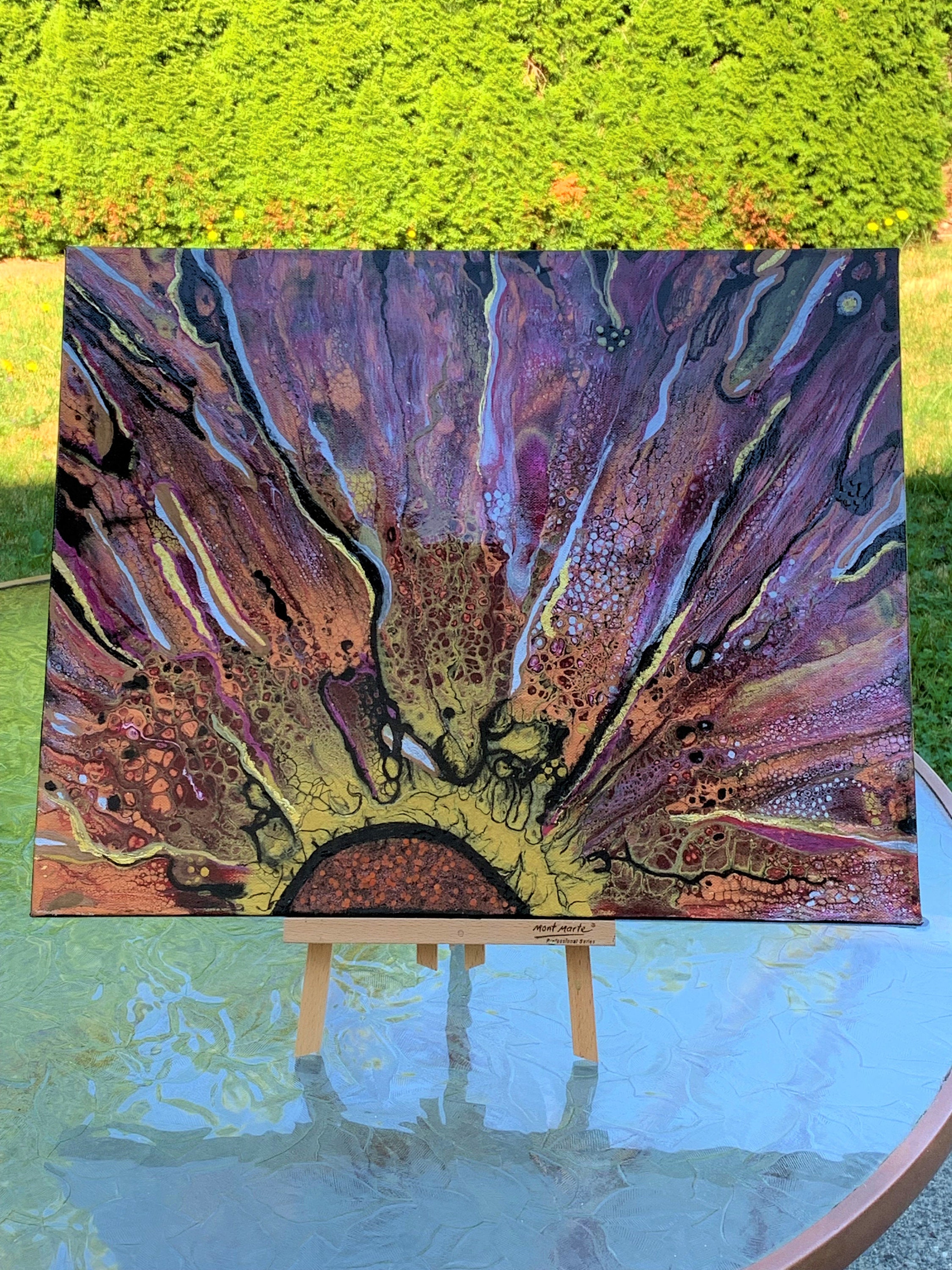 オリジナル抽象アクリル画（金箔、ニス塗りキャンバス、50 x 40 cm