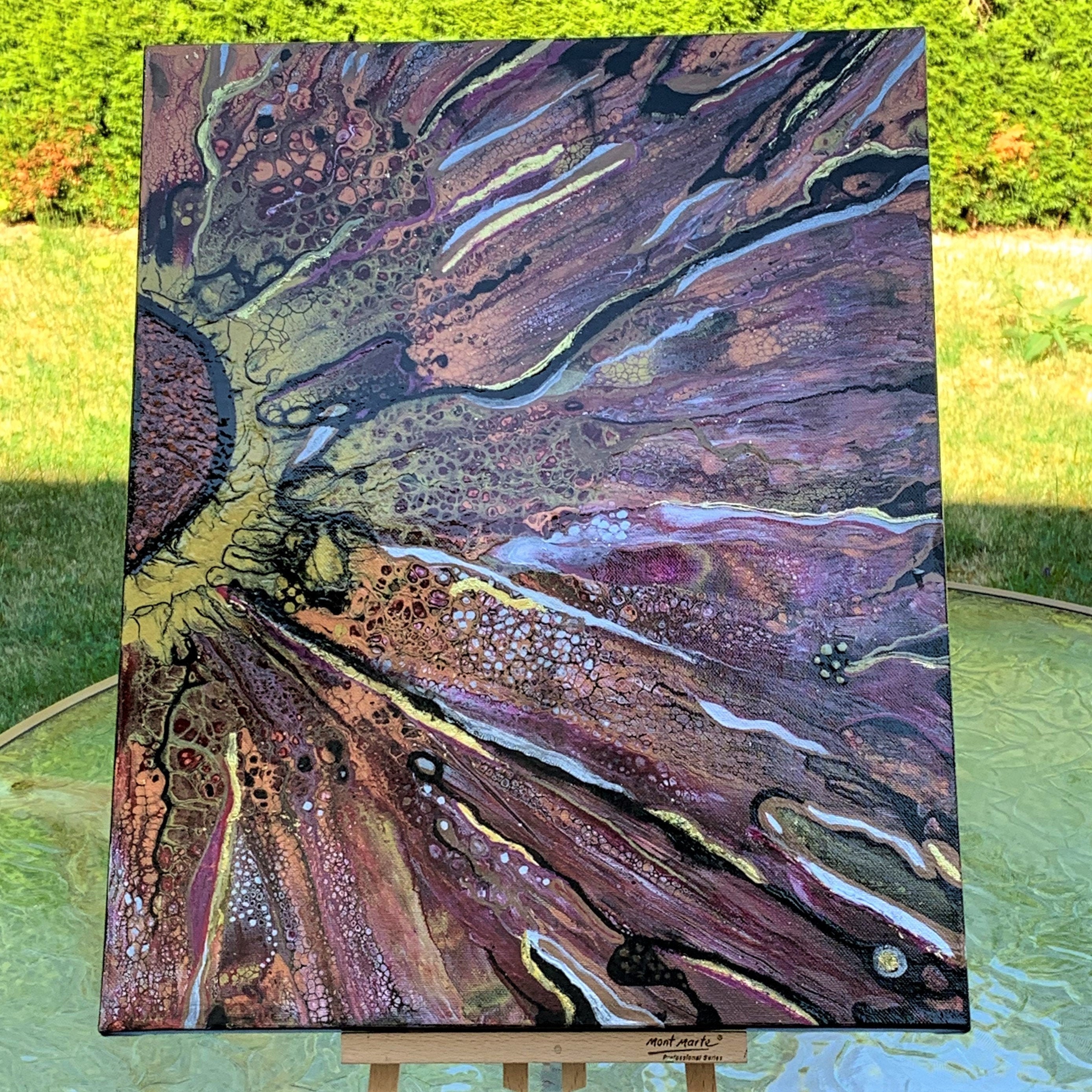 オリジナルの抽象アクリル画、アクリル絵の具で描かれ、金箔で装飾され