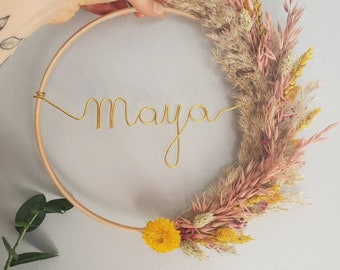 Corona de flores de decoración de pared o puerta en flores secas cultivadas en mi jardín con palabras para personalizar