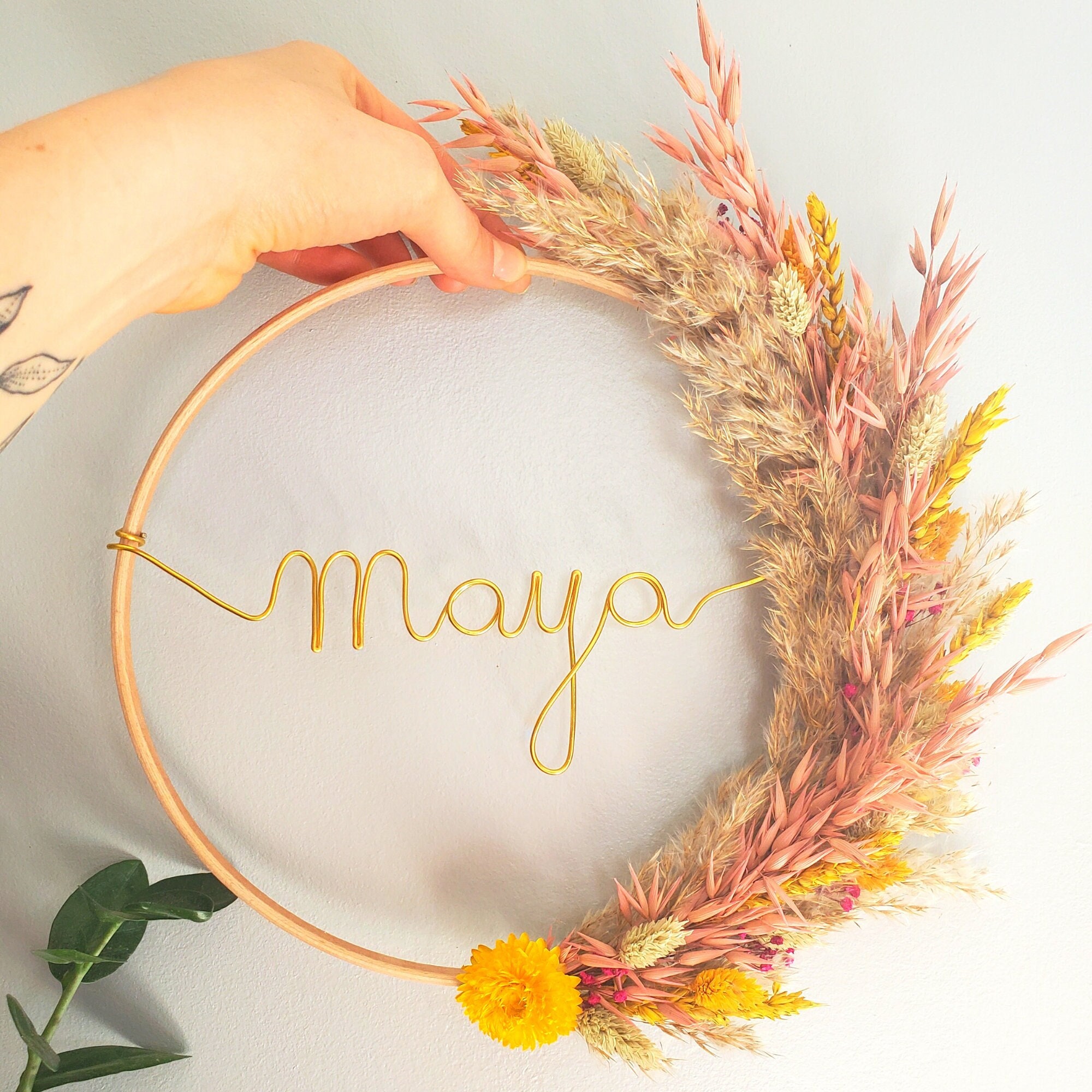 25 cm Couronne Végétale en Fleurs Séchées et Mot Personnalisé