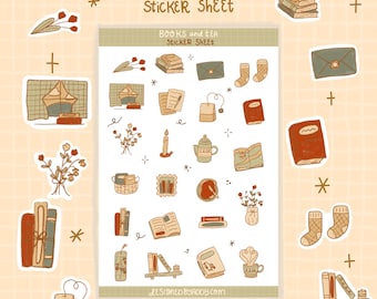 Books and Tea Illustrated Sticker Sheet | Illustrated Floral Stickers for Bullet Journal | Stationery Gift