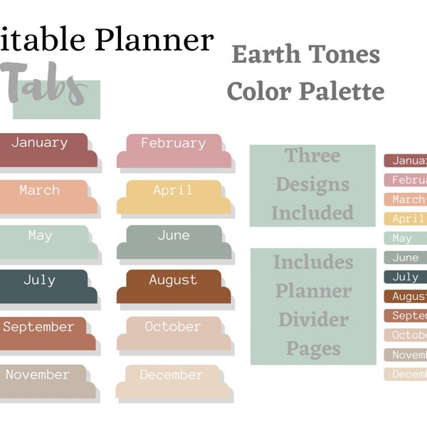 EDITABLE Printable Earth Tones Monthly Planner Tabs Edit in Canva Planner Dividers Printable Planner Insert Tabs Digital Download PDF Pages