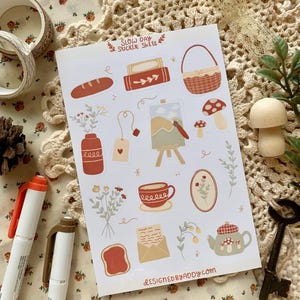 Slow Day Cozy Sticker Sheet for Bullet Journal Cute Art Stickers for Notebook Happy Mail Gift for Friend Floral Illustrated Sticker Sheet