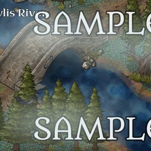 May include: A digital illustration of a forest scene with a stone bridge over a river. The river is blue and the forest is green. The text "SAMPLE" appears twice in the image. The text "Ivlis River" appears in the top left corner of the image.