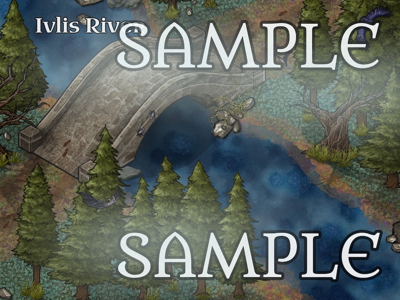 May include: A digital illustration of a forest scene with a stone bridge over a river. The river is blue and the forest is green. The text "SAMPLE" appears twice in the image. The text "Ivlis River" appears in the top left corner of the image.