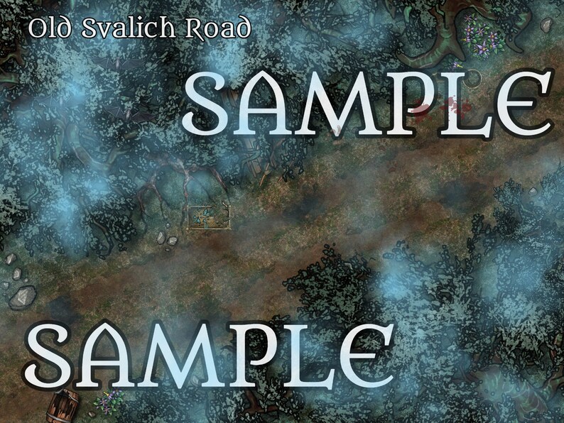 May include: A digital illustration of a forest path with a blue mist. The path is labeled "Old Svalich Road". The words "SAMPLE" are written in white text on the image.
