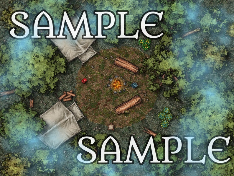May include: A top-down view of a campsite in a forest. The campsite has a campfire, two tents, and some logs. The text "SAMPLE" appears twice in the image.
