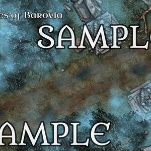 May include: A fantasy map with a path through a forest with a blue mist. The map is labeled "Gates of Barovia" and has the word "SAMPLE" written twice on it.