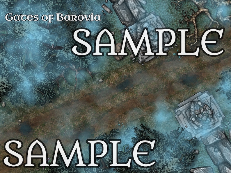 May include: A fantasy map with a path through a forest with a blue mist. The map is labeled "Gates of Barovia" and has the word "SAMPLE" written twice on it.