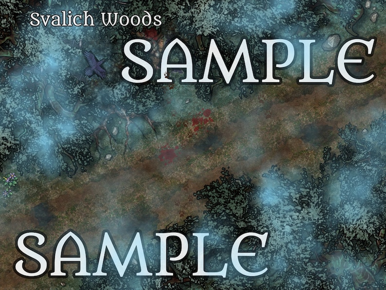 May include: A digital illustration of a forest path with a blue mist. The text "Svalich Woods" and "SAMPLE" is visible in the image.