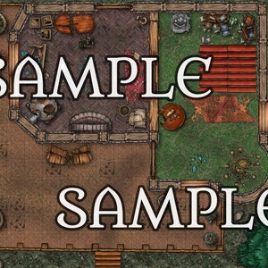 May include: A top-down view of a miniature building with a wooden frame and a brown tiled roof. The building has a small yard with a red bench, a rug, and a few scattered items. The building is surrounded by a green forest.