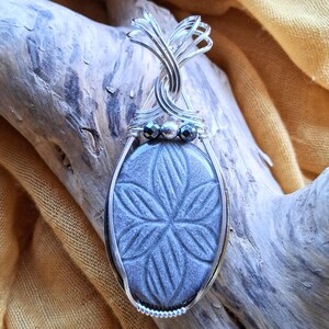 Handmade Sterling Silver Silver Sheen Obsidian Pendant: Flower Carving