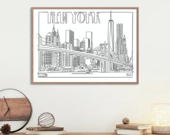 Abstract Line Drawing of New York City, Wall Art, Line Drawing, Living Room Wall Decor, Brooklyn Bridge Art