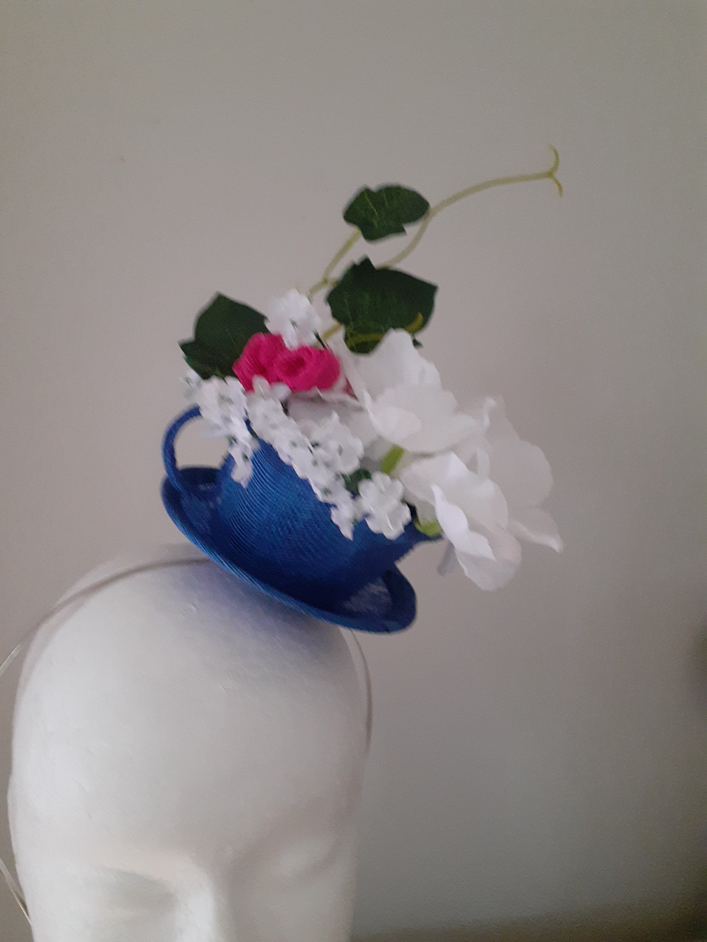 Royal blue cup and saucer headpiece. Etsy
