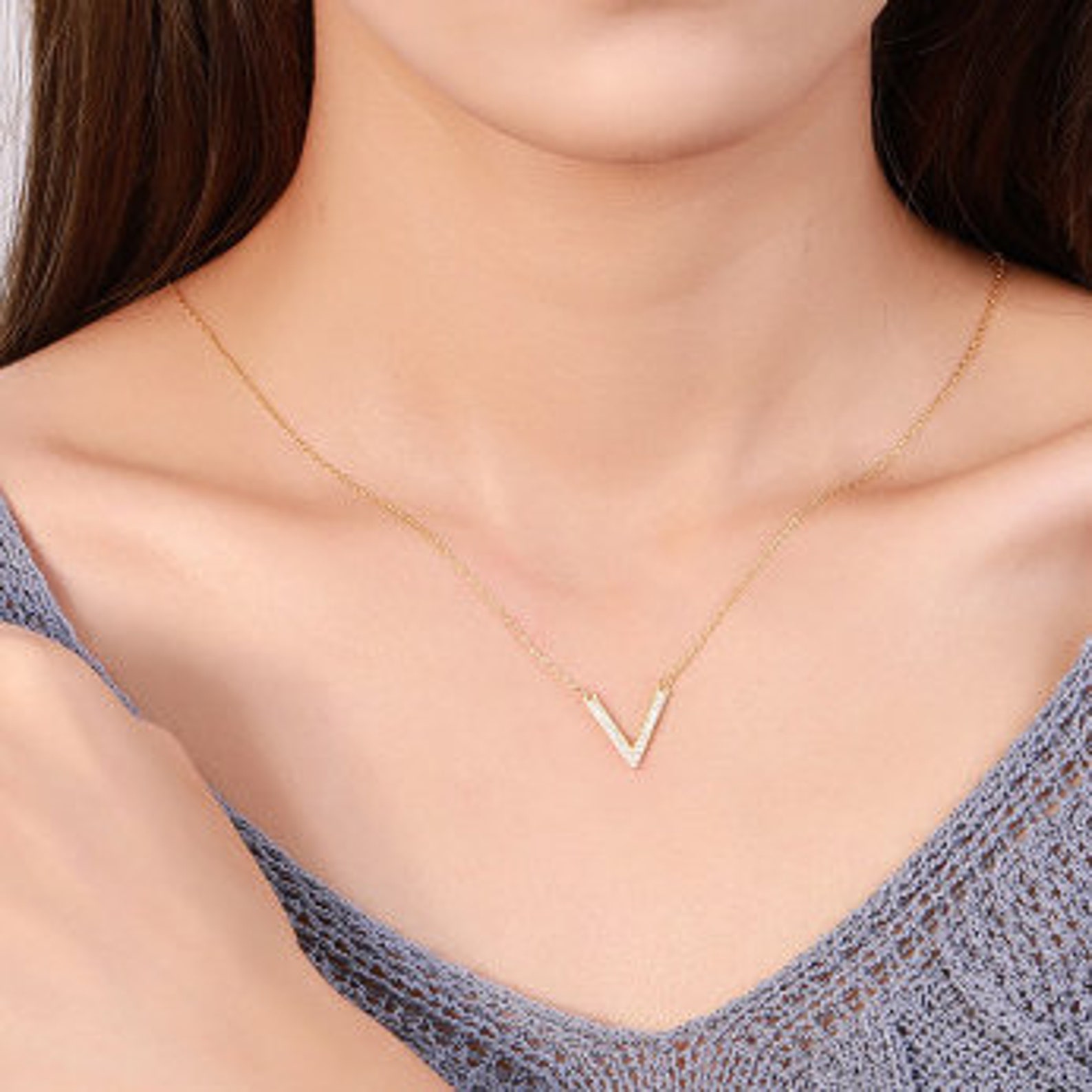 V Shaped Necklace Gold V Necklace V Pendant Necklace Gold Etsy