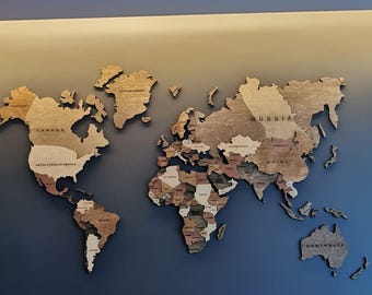 3D Wooden World Map, Home Office Wall Decor, Large Travel Gift