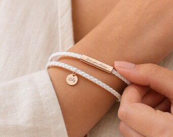 Braided Wrap Leather Bracelet Personalized, Custom Engraved Name Bracelet with Charm, Double Wrap Style