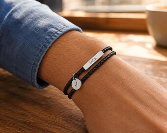 Engraved Bracelet for Husband, Personalized Leather Wrap Bracelet, Anniversary Wedding Gift for Him with Charm