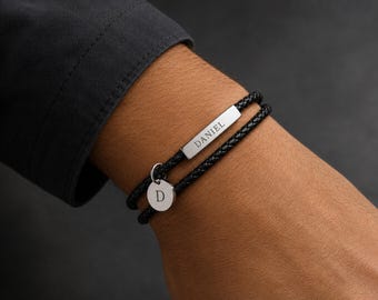 Father's Day Engraved Leather Bracelet, Personalized Bracelet for Dad, Custom Name Charm Gift from Kids