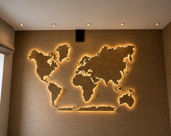 Mapa del mundo de madera iluminado con retroiluminación LED: Arte mural de viajes en 3D para sala de estar u oficina.