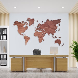 Carte du monde en bois rouge, casse-tête de carte du monde de voyageur d'art de décoration à la maison d'art suspendu, cadeau décoratif d'amant de géographie de carte du monde d'art mural