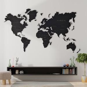 Dark wall world map, plywood black colored wall art home decor room decoration world map puzzle, wall art decorative world map traveler gift