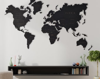 Dark wall world map, plywood black colored wall art home decor room decoration world map puzzle, wall art decorative world map traveler gift
