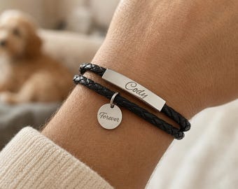 Anniversary Gift Bracelet for Him, Custom Engraved Leather Bracelet, Personalized Name or Date Charm Bracelet