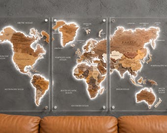 Mapa del mundo de madera con LED y opción de luz blanca cálida: acogedora decoración de pared 3D para viajes.