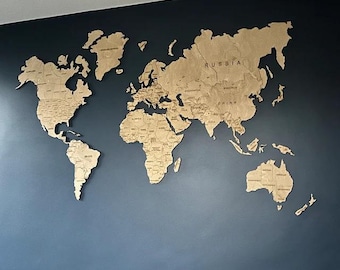 Wooden World Map Wall Art, Push Pin Travel Map, Wooden World Map Puzzle, Wall Decor for Living Room, Handmade Decor Plywood World Map