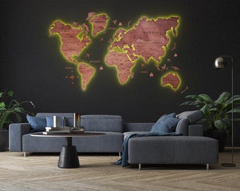 Mapa del mundo de madera con luces LED: Arte mural de viajes en 3D para sala de estar u oficina.