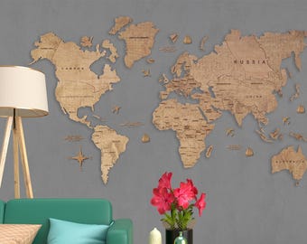 Wooden World Map with Pins, Boss Gift, Office Decor