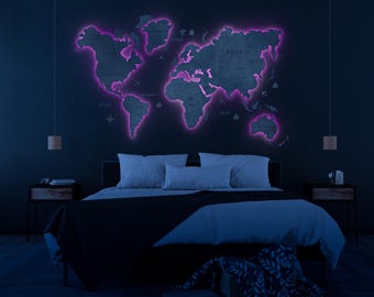 Mapa del mundo de madera iluminado con luces LED: Arte mural de viaje 3D moderno