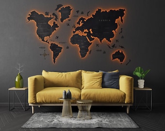Mapa del mundo LED para decoración de pared: mapa de viaje de madera iluminado para el hogar o la oficina.