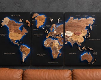 Mapa del mundo de madera con LED hecho a mano: decoración de pared 3D artesanal para viajes, ideal para el hogar o la oficina.