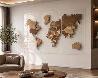 Mapa del mundo de madera con LED y retroiluminación blanca cálida / Decoración de pared de viaje de madera iluminada en 3D