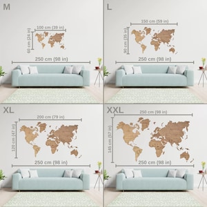 Four different sizes of a cork world map wall decal. The sizes are M, L, XL, and XXL. The map is made of cork and has a natural wood color. The map is shown on a white wall with a light blue sofa in front of it.