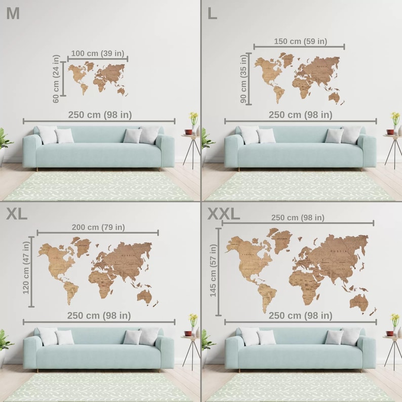 Four different sizes of a cork world map wall decal. The sizes are M, L, XL, and XXL. The map is made of cork and has a natural wood color. The map is shown on a white wall with a light blue sofa in front of it.