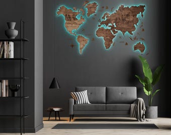 Mapa del mundo de madera con LED para oficina: Arte mural de viajes en 3D iluminado y regalo de empresa.