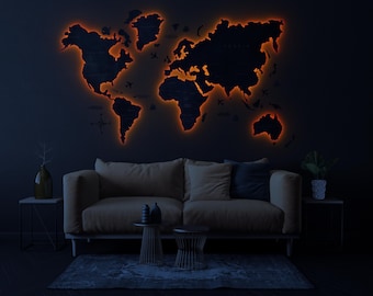 Mapa del mundo de madera con LED 3D: decoración de pared iluminada para viajes, ideal para sala de estar, dormitorio u oficina.